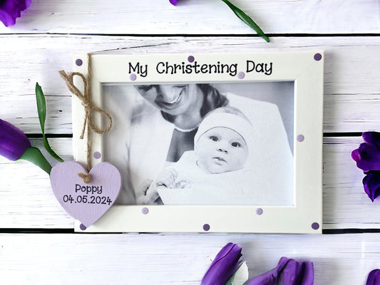 white personalised photo frame my christening day with lilac heart and polka dots