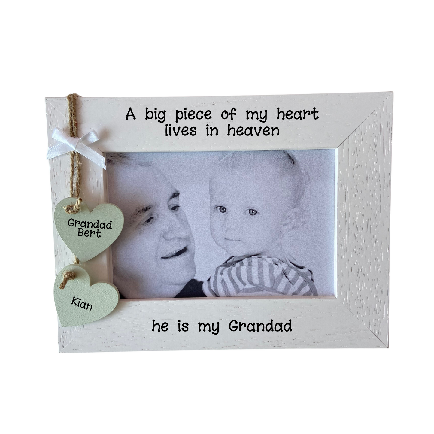 Image shows grandad heaven quote photo frame, included two hanging hearts with grandads and grandchild's name with a small white bow attached above, bling can also be added to frame.