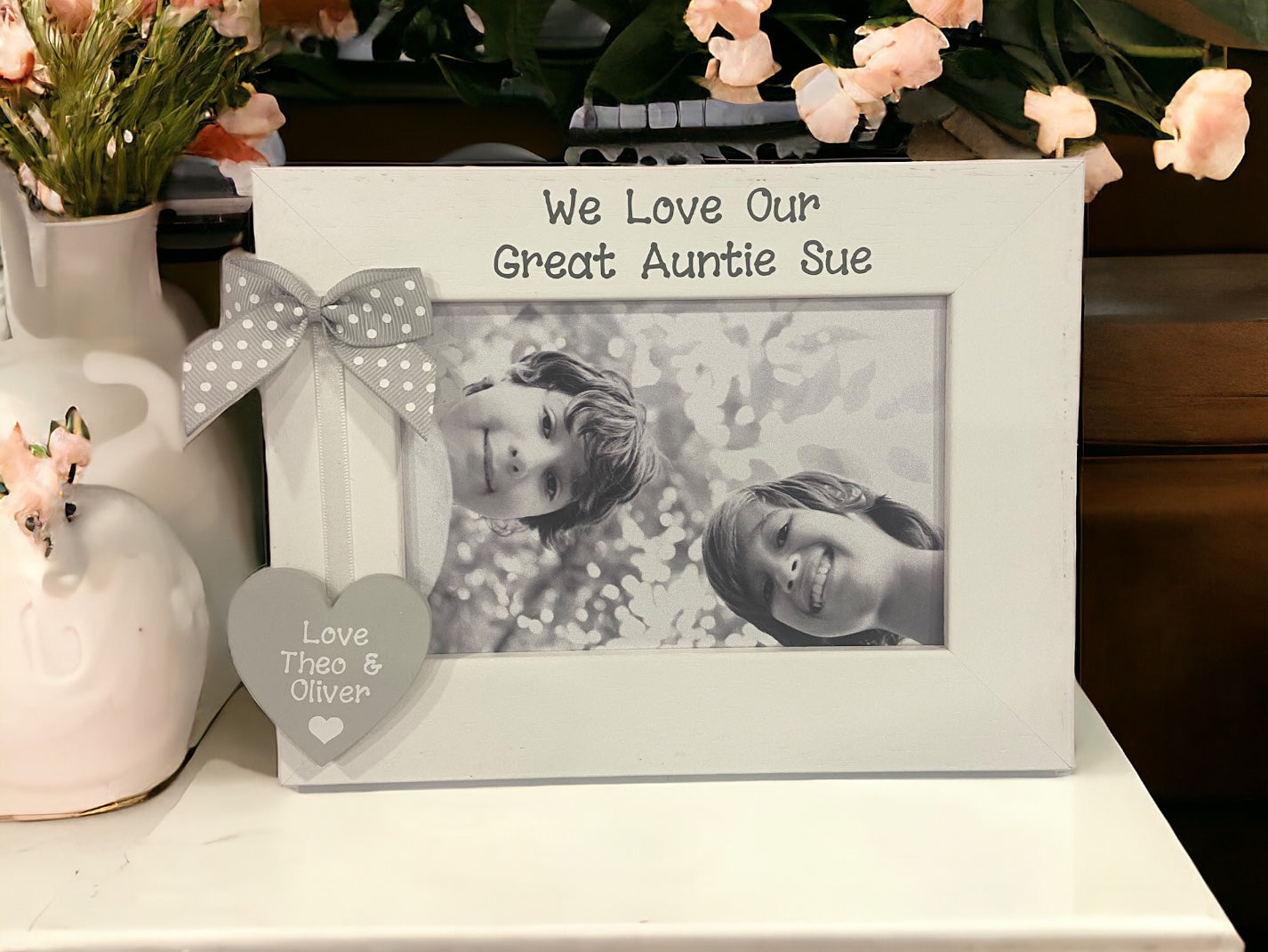 white wooden photo frame for a great auntie with a wooden heart name tag 