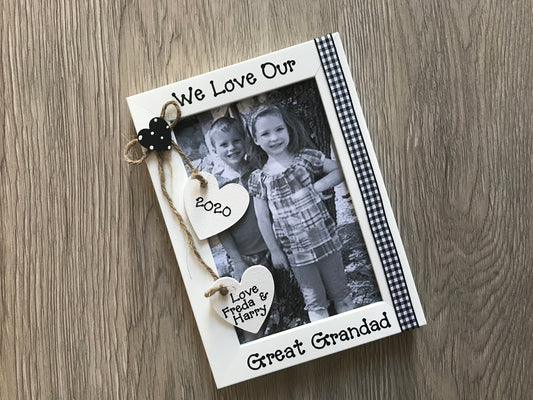 Image shows gingham design for a great grandad, hanging hearts including great grandchildren's names and year, also a small dotted heart above.